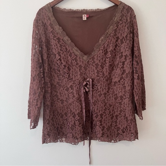 Seven 7 Y2K Women’s Sz. 18 Brown Lace Babydoll Blouse Sheer Longsleeve Corset - Picture 1 of 8